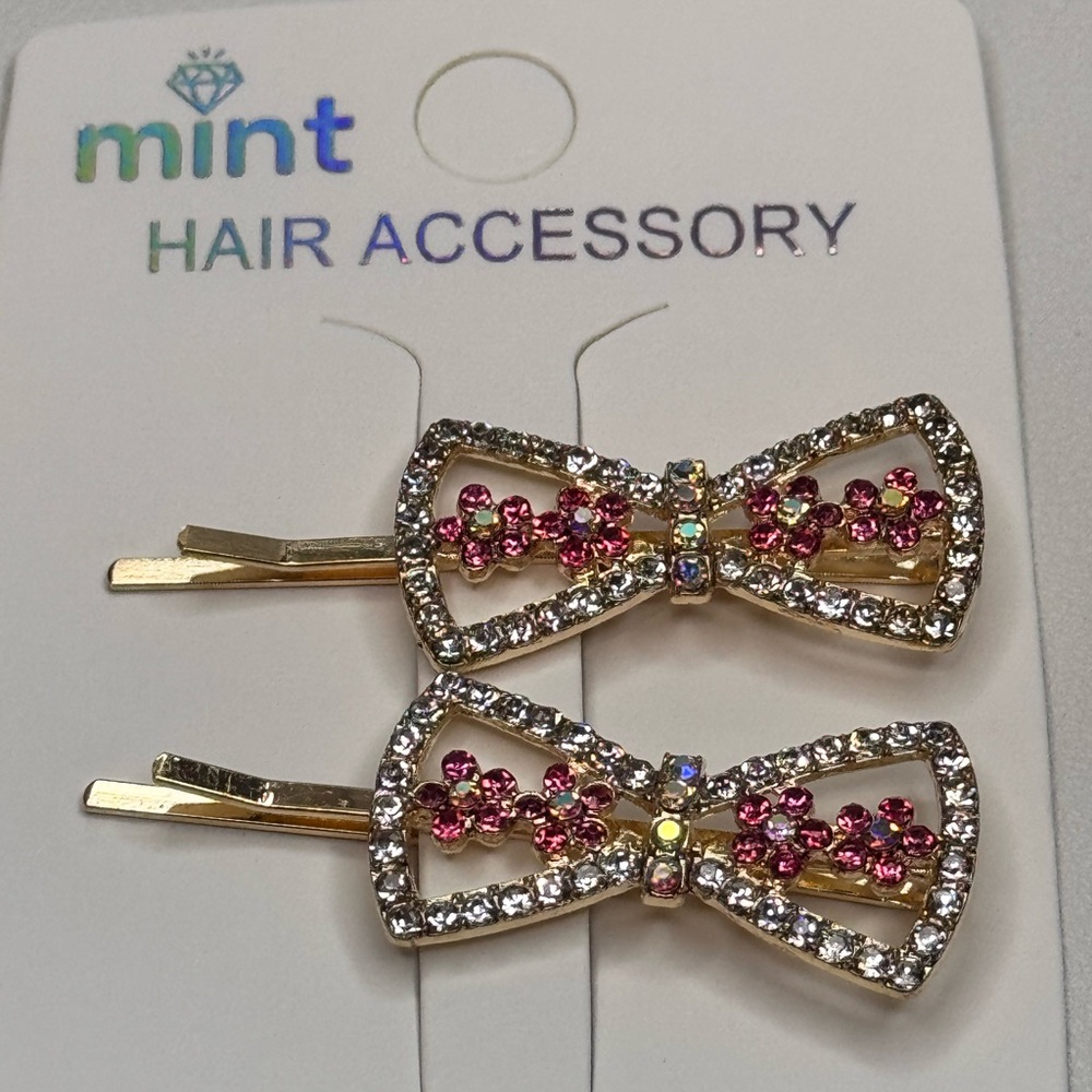 Mint Gold and Pink Crystal Bow Shape Hair Clips Sparkling Accessories
